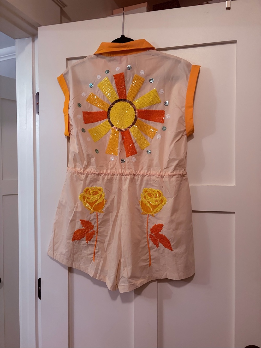 QUEEN OF SPARKLES Tan/Nude Romper with Yellow Trim & sequin Western accents! - Picture 5 of 5